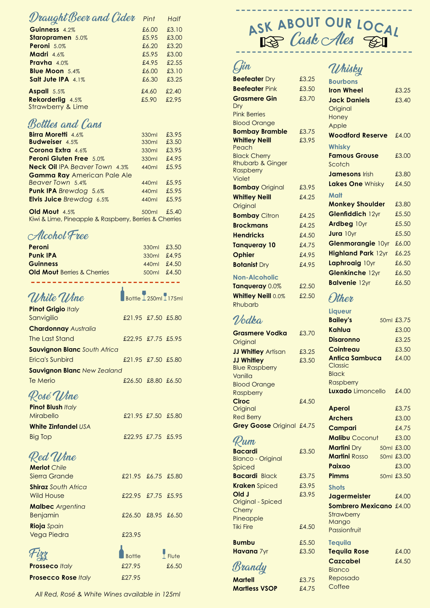 Yewdale Inn Drinks Menu 2024